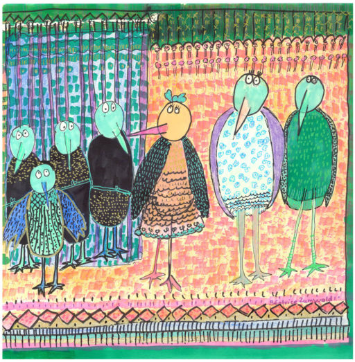 Famille oiseaux devant rideaux